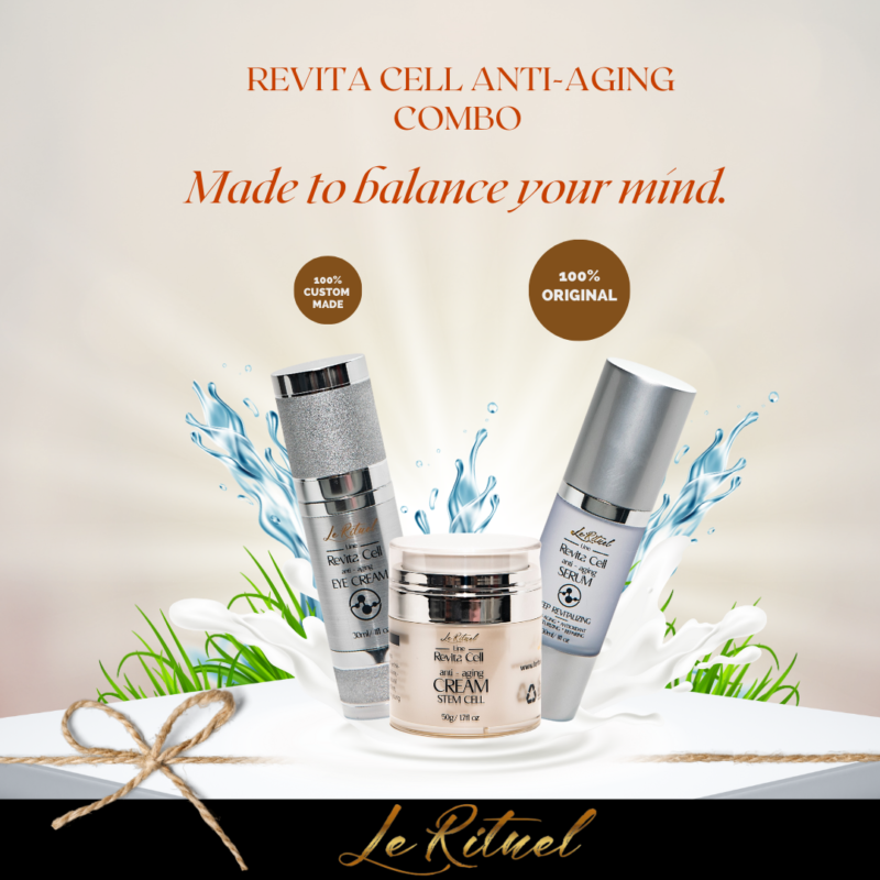 The Revita Cell Combo is a powerful anti-aging trio that combines the Revita Cell Eye Cream, Anti-Aging Cream, and Serum